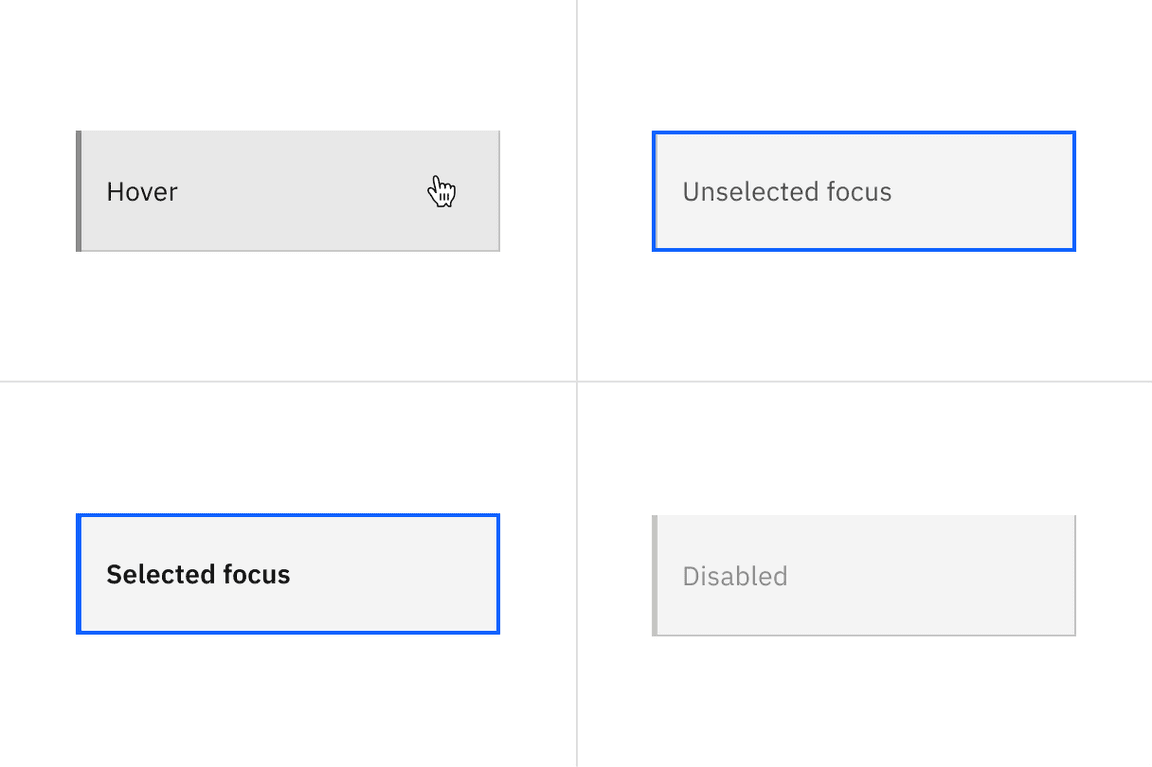 Examples of hover, unselected focus, selected focus, and disabled states for vertical tabs.